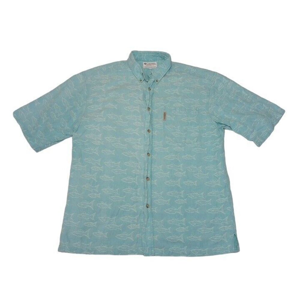 Columbia Men's Large Shirt Light Blue Fish All‎ Over Button Up Short Sleeve